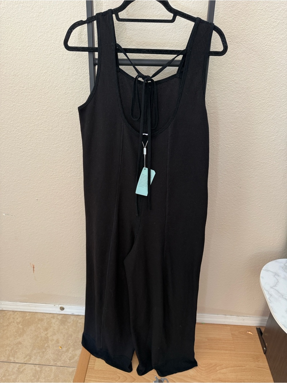 Sleeveless Black Ribbed Tie-Back Jumpsuit